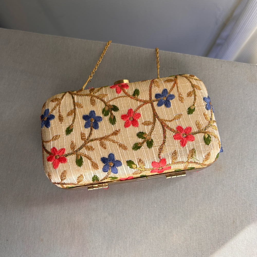 Maya Gold Floral Clutch with Chain